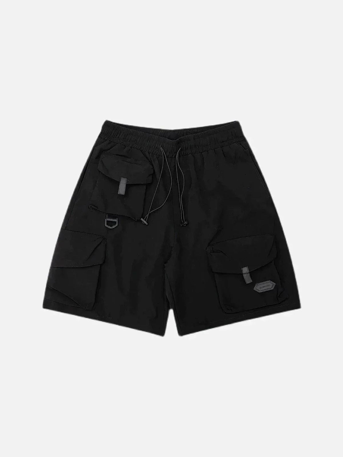 Front view of black multi-pocket cargo shorts by TALISHKO, perfect for warm-weather adventures.