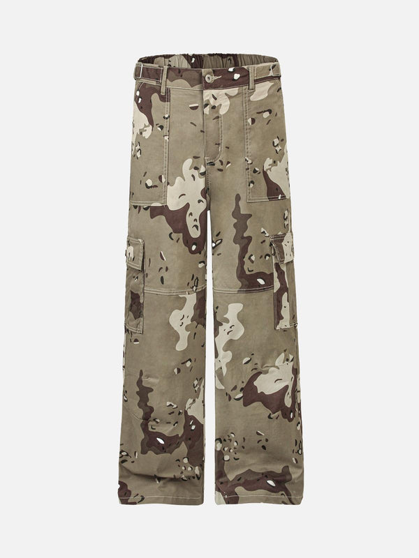 Front view of brown camouflage cargo pants by TALISHKO, featuring multiple pockets.