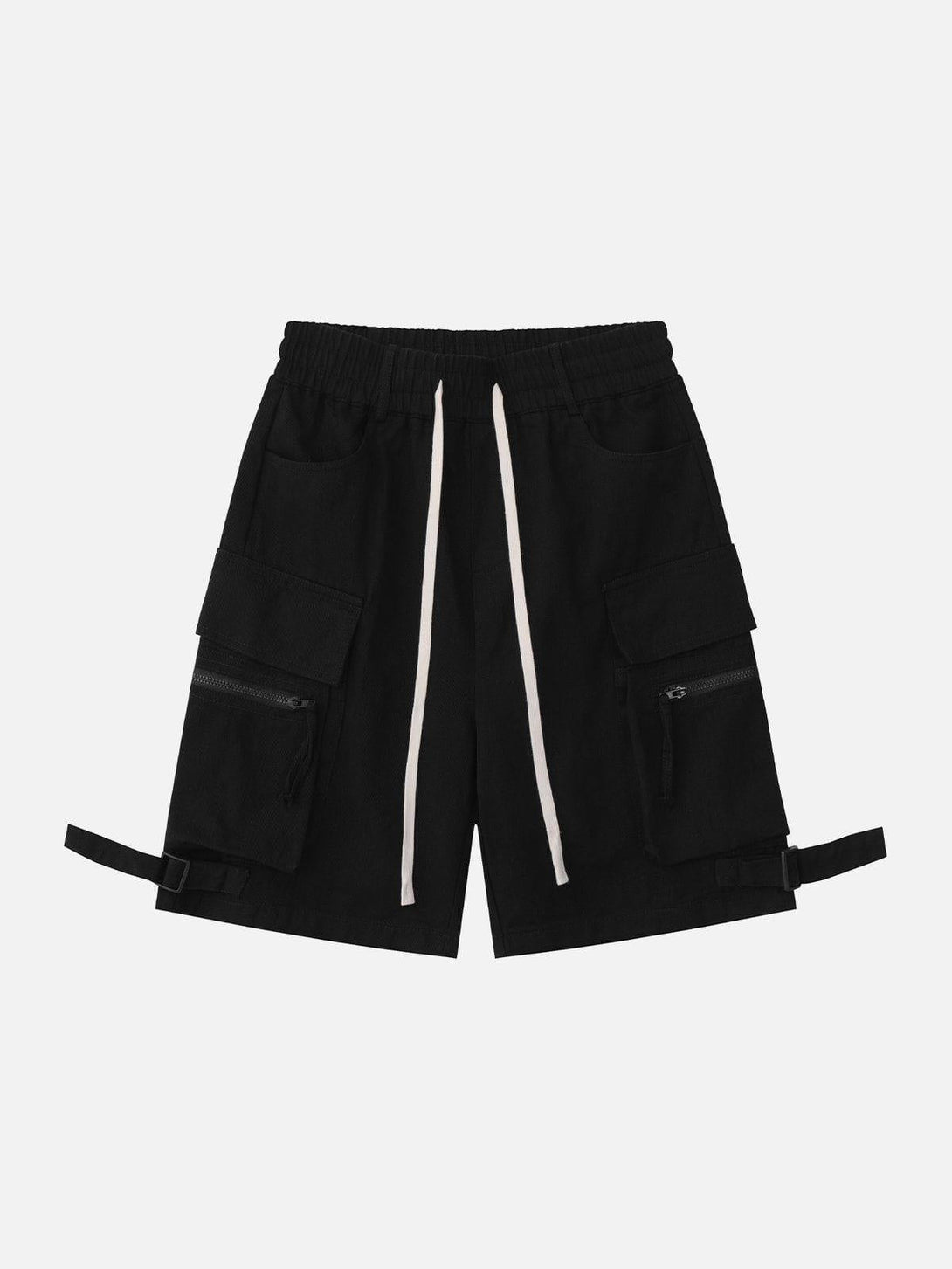 Front view of black multi-pocket cargo shorts with drawstring by TALISHKO, ideal for casual outings.