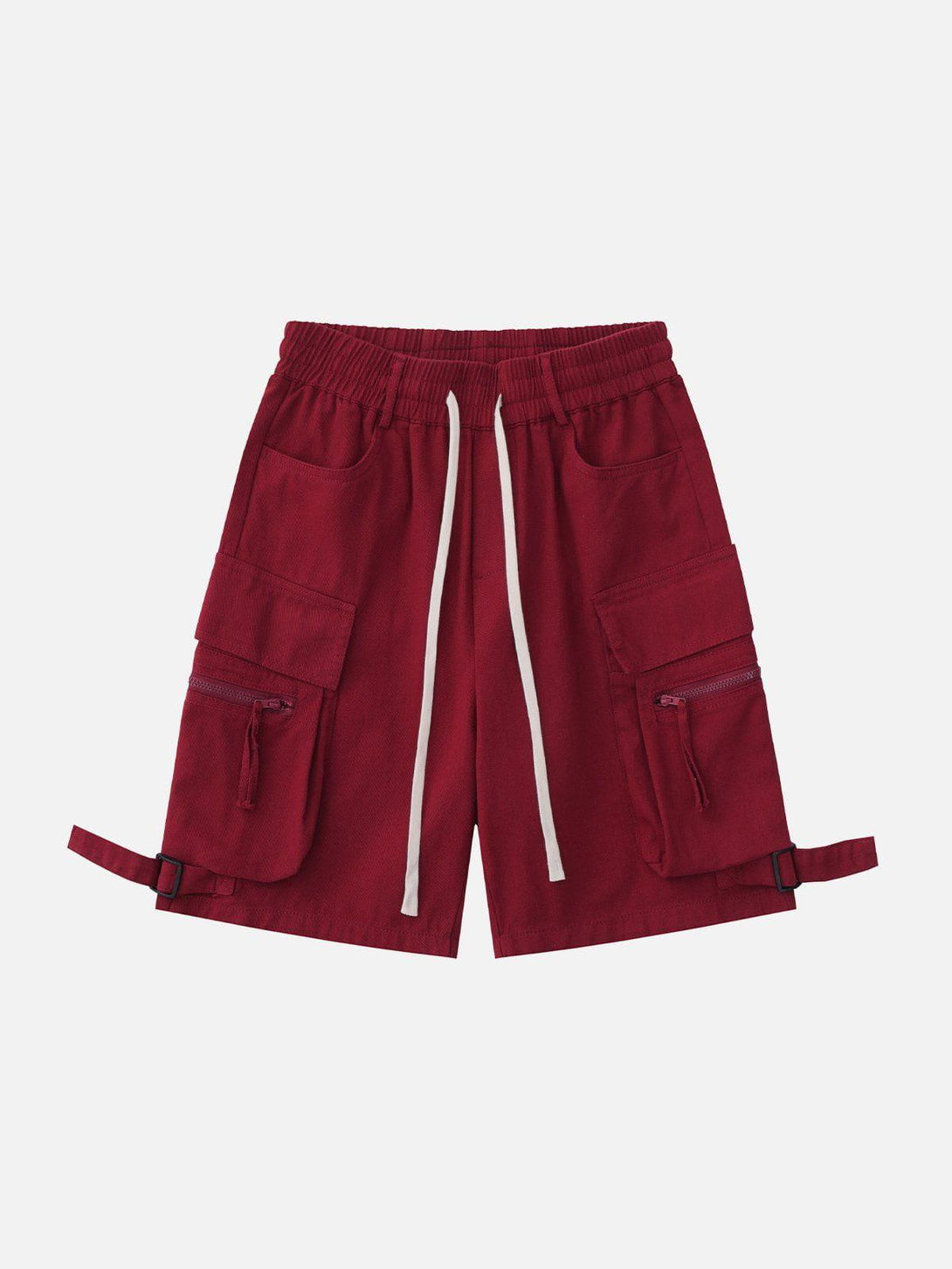 Front view of red multi-pocket cargo shorts with drawstring by TALISHKO, ideal for warm days.