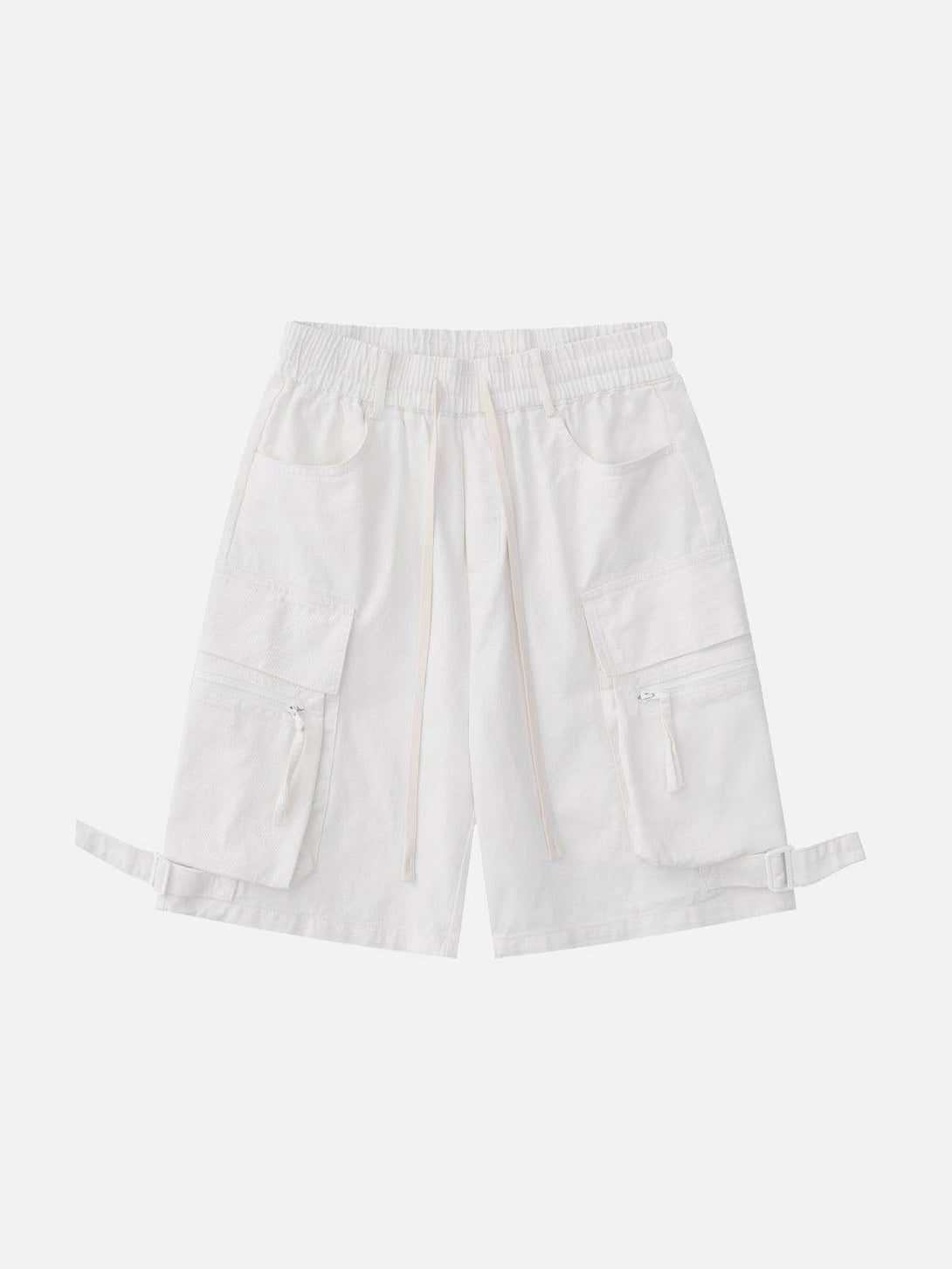 Front view of white multi-pocket cargo shorts with drawstring by TALISHKO, perfect for sunny days.