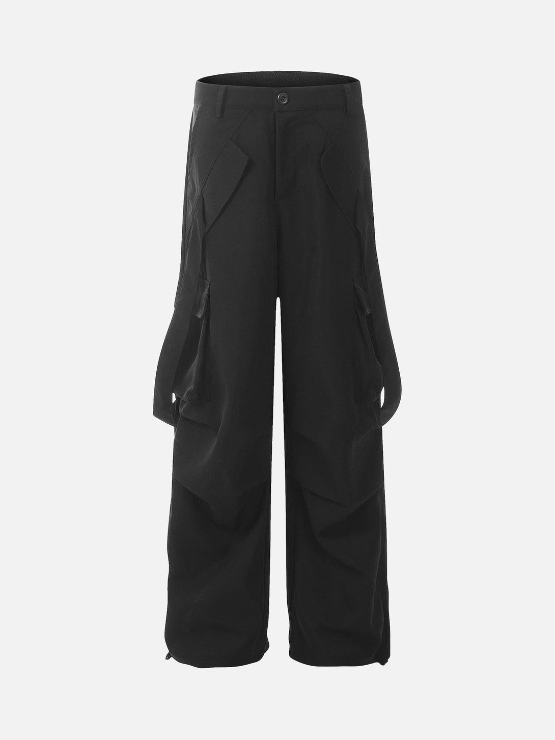 Front view of black multi-pocket cargo pants by TALISHKO, ideal for casual urban style.
