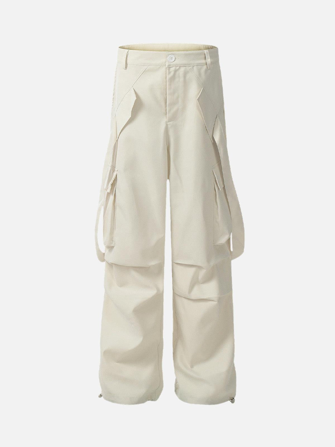 Front view of white multi-pocket casual cargo pants by TALISHKO, perfect for urban style.
