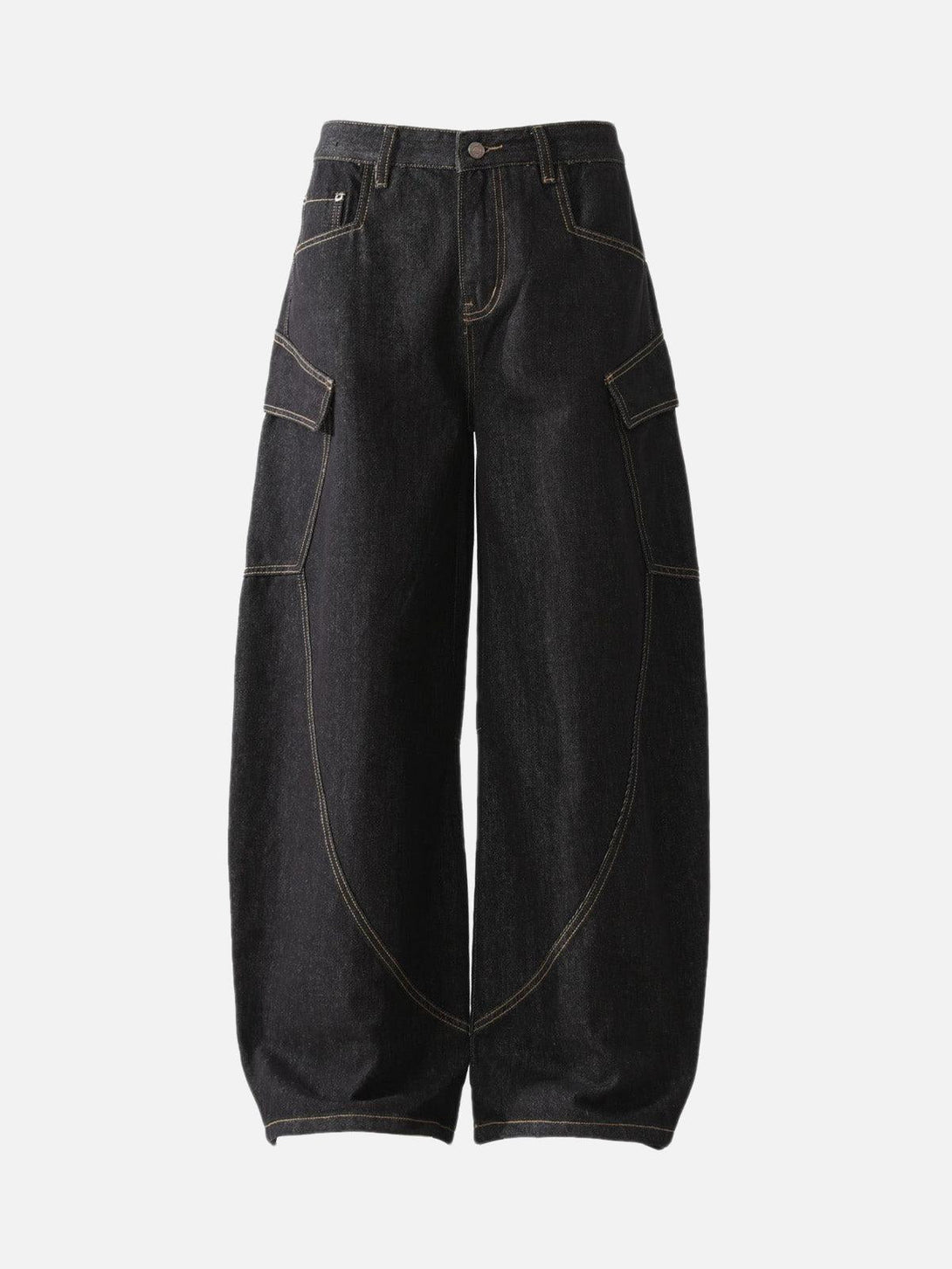 Front view of black barrel cargo jeans by TALISHKO, featuring multi-pocket deconstructed style.