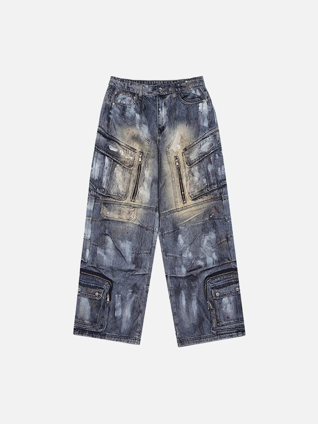 Front view of TALISHKO blue multi-pocket overalls jeans with distressed, rugged detailing.