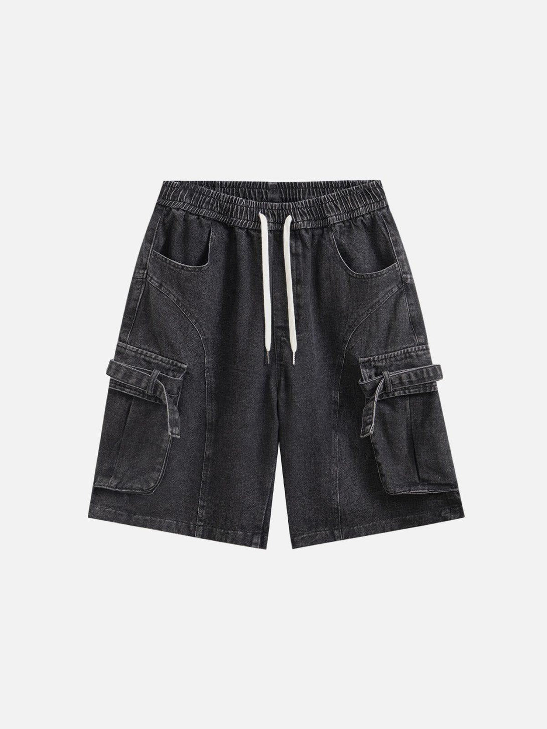 Front view of black multi-pocket drawstring jorts by TALISHKO, highlighting a casual style.