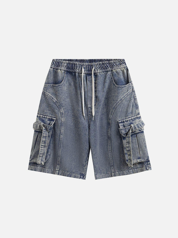 Front view of blue multi-pocket drawstring jorts by TALISHKO, showcasing casual summer vibes.