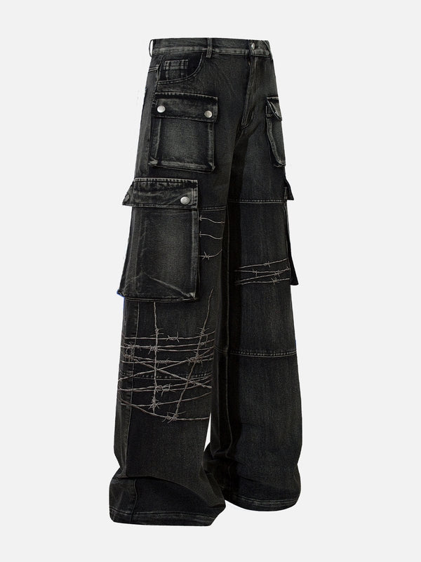 TALISHKO - Multi-Pocket Embroidered Washed Jeans - streetwear fashion - talishko.com