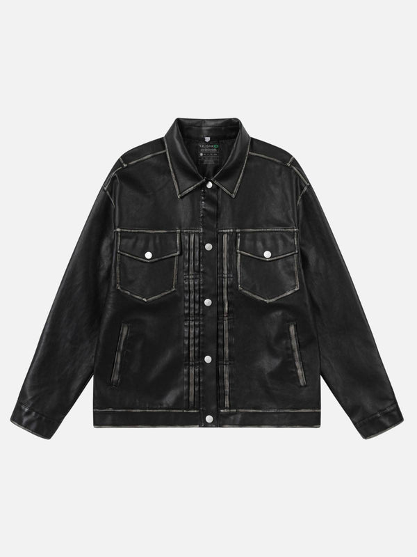 Front view of a black faux leather jacket with multiple pockets by TALISHKO, ideal for urban style.