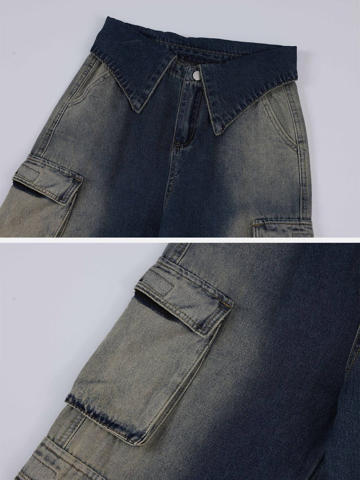 TALISHKO - Multi Pocket Fold-over Washed Jeans, streetwear fashion, talishko.com