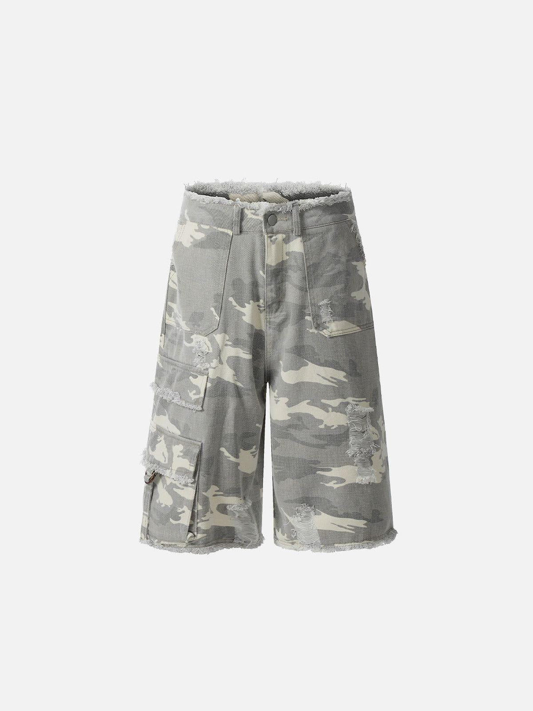 Front view of camouflage longline jorts with fringe details by TALISHKO, ideal for warm weather.