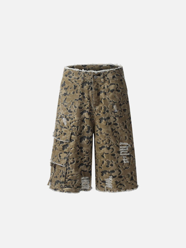 Front view of leopard print longline jorts with fringe details by TALISHKO, perfect for a bold summer style.