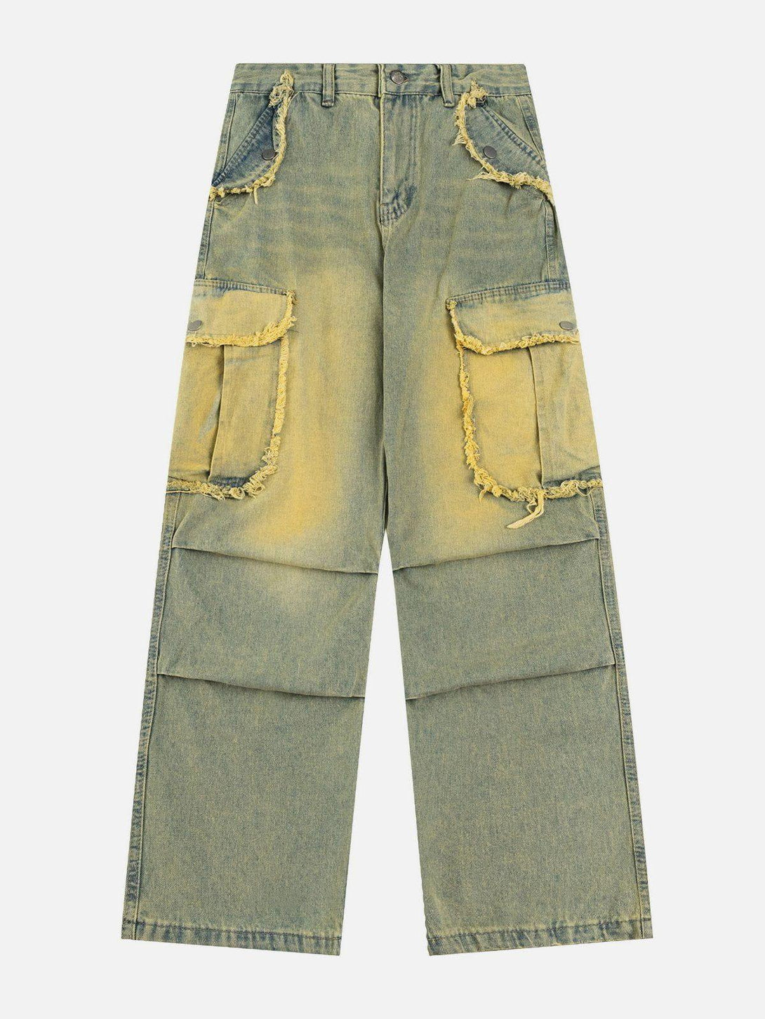 Front view of blue multi-pocket fringe washed jeans by TALISHKO, perfect for urban style.