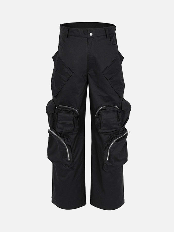 Front view of black TALISHKO wide-leg pants featuring multiple functional pockets.