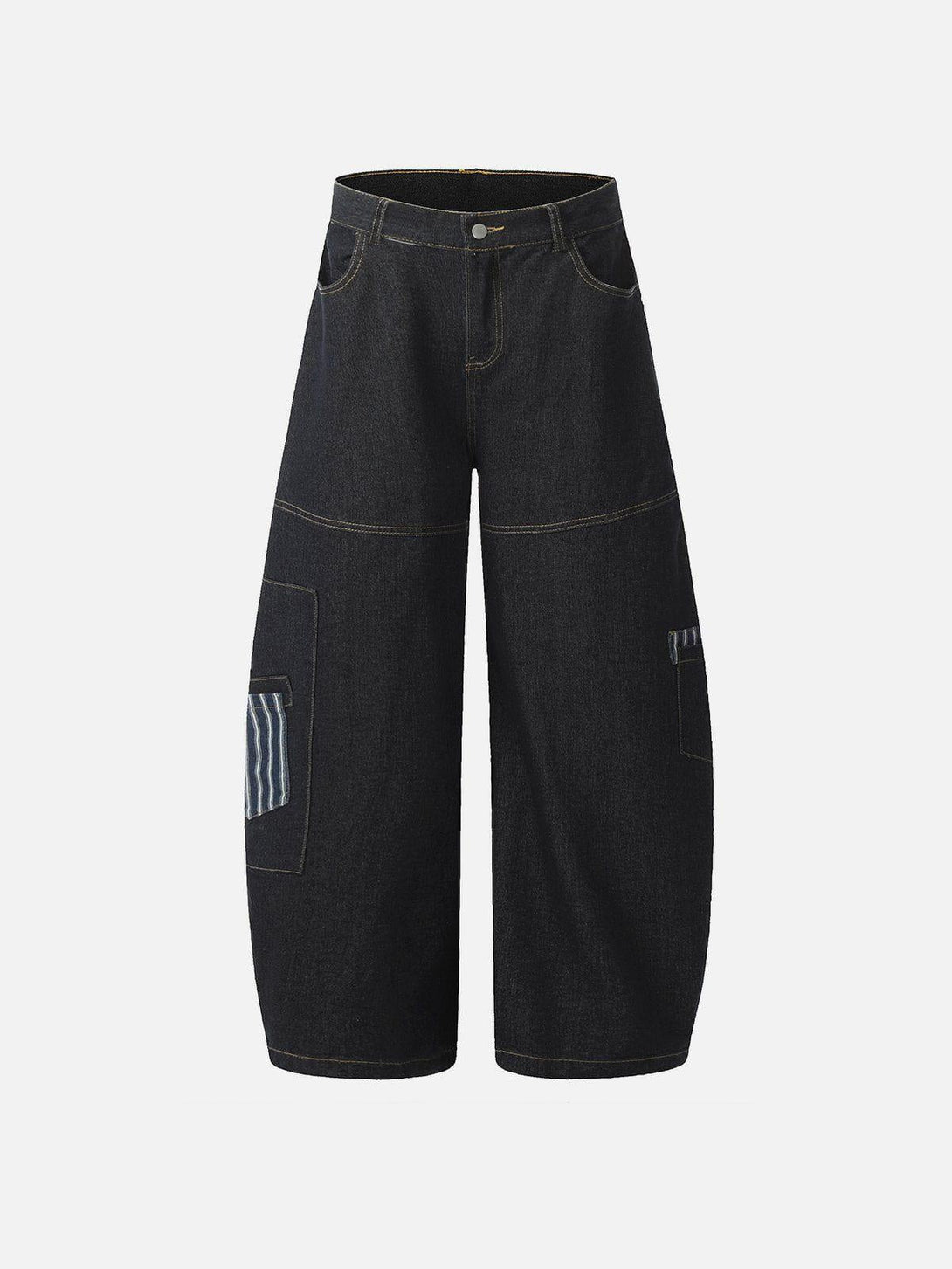 Front view of TALISHKO black loose barrel jeans with multi-pocket design, ideal for casual wear.