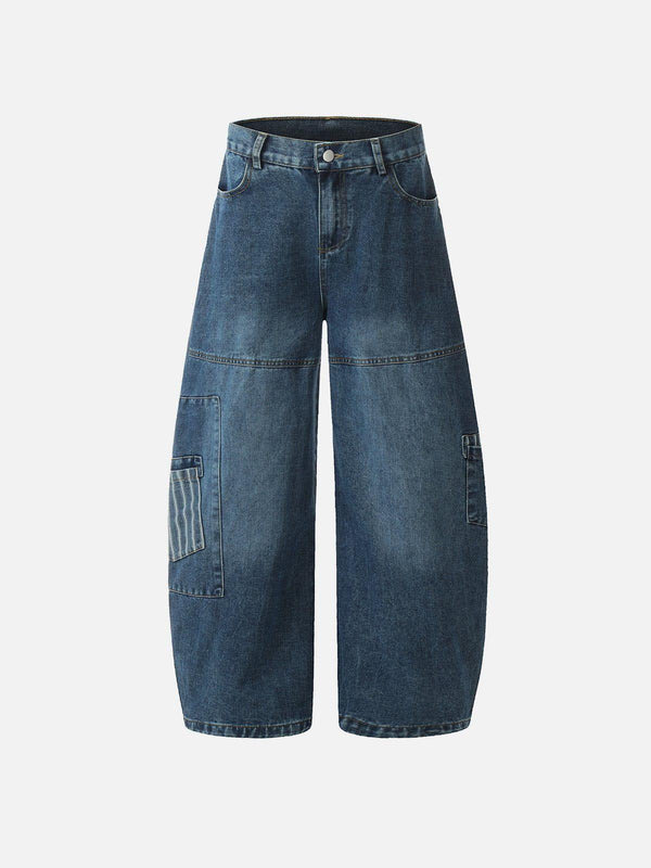 Front view of TALISHKO blue loose barrel jeans with multi-pocket design, perfect for casual style.