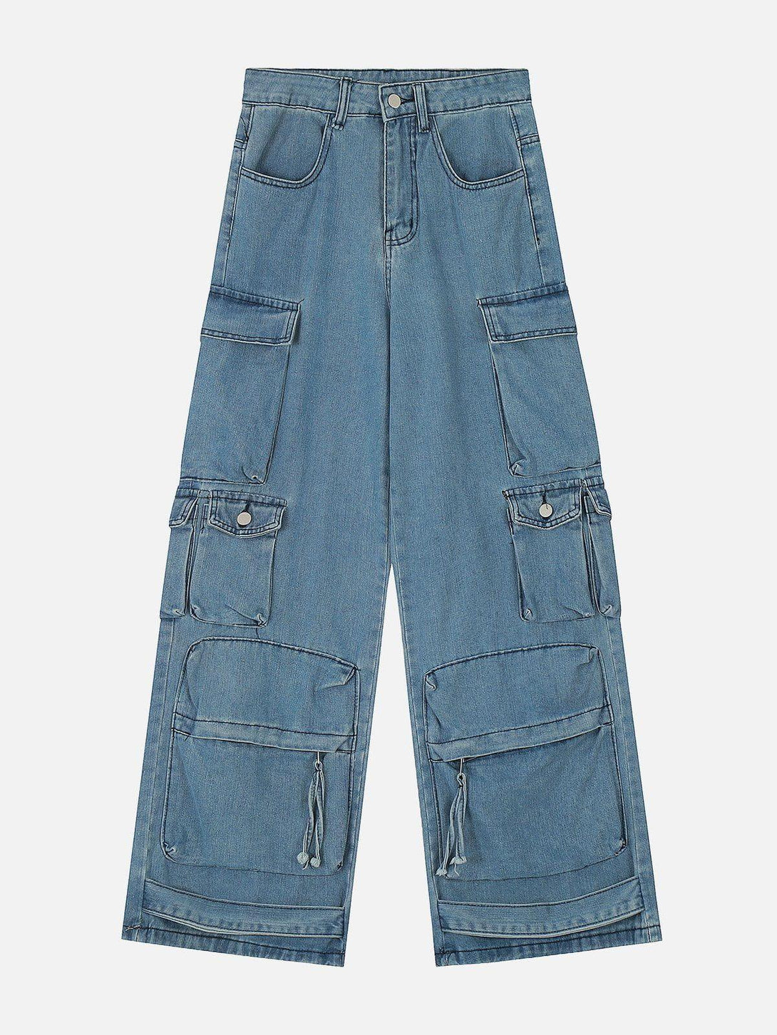 Front view of TALISHKO blue cargo jeans with multiple pockets, ideal for casual street styles.