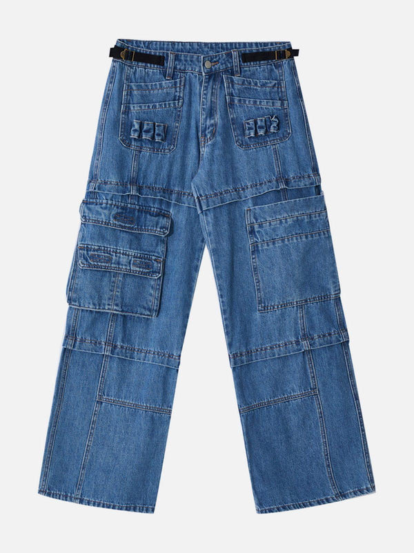 Front view of blue patchwork straight-leg jeans with multiple pockets by TALISHKO.