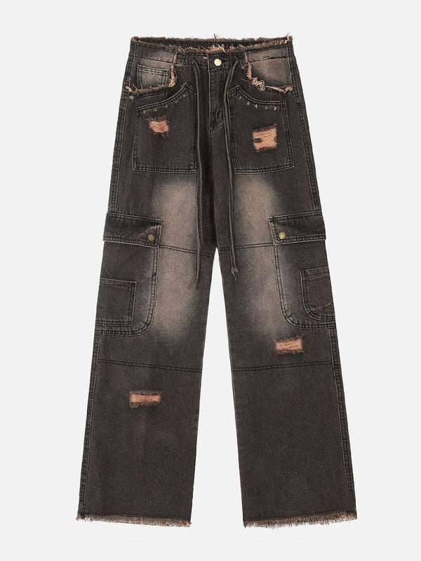 TALISHKO - Multi-Pocket Ribbon Raw Edge Jeans - streetwear fashion - talishko.com