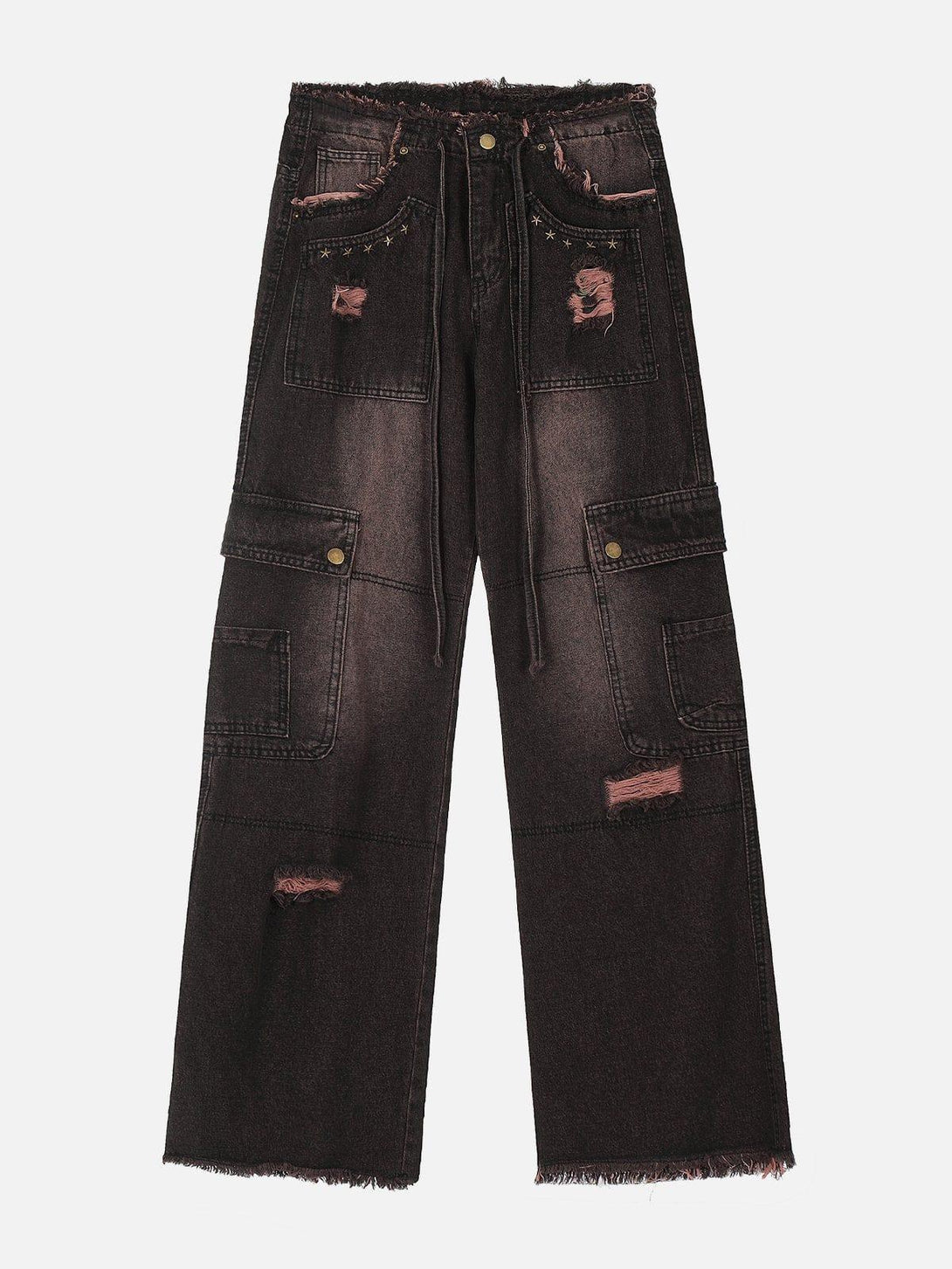 Front view of TALISHKO pink multi-pocket jeans with raw edges, ideal for urban style.