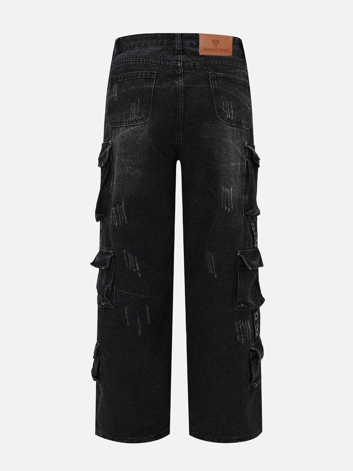 TALISHKO - Multi-Pocket Scratch Lines Straight-Leg Jeans, streetwear fashion, talishko.com