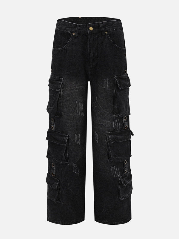 TALISHKO - Multi-Pocket Scratch Lines Straight-Leg Jeans, streetwear fashion, talishko.com