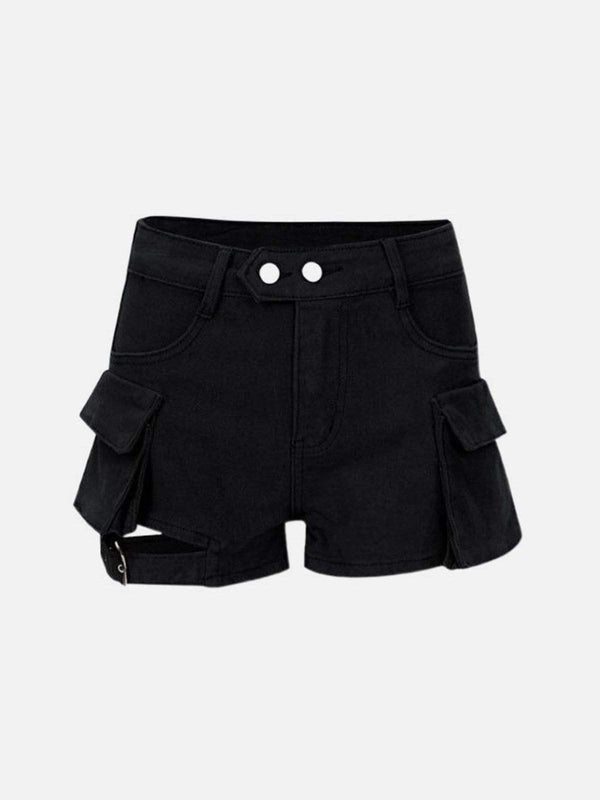 Front view of black multi-pocket strappy shorts by TALISHKO, perfect for warm-weather wear.