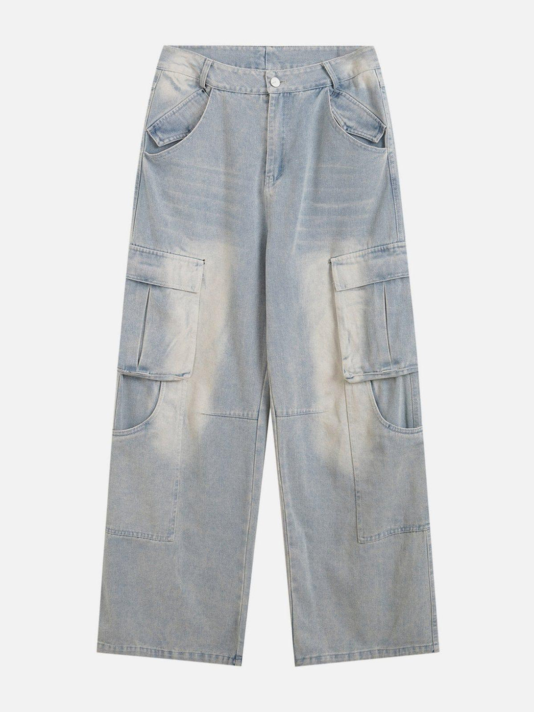 Front view of TALISHKO blue multi-pocket washed jeans, ideal for urban casual style.