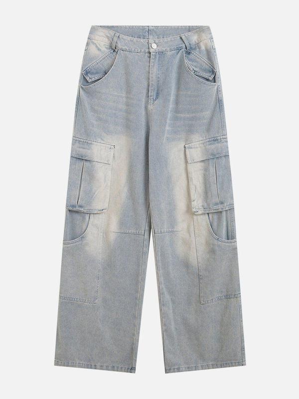 Front view of TALISHKO blue multi-pocket washed jeans, ideal for urban casual style.