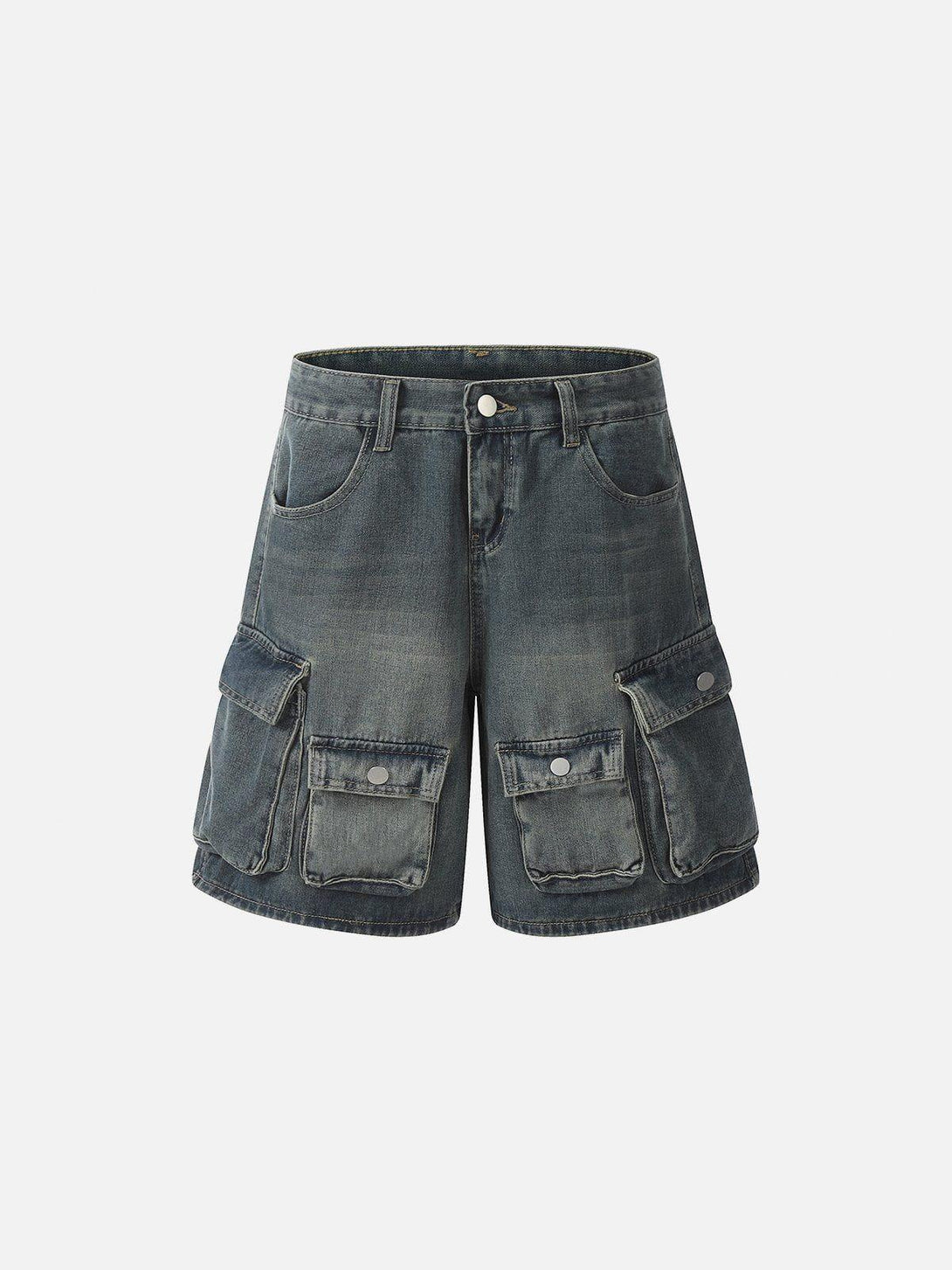 Front view of blue multi-pocket washed jorts by TALISHKO, showcasing a casual summer vibe.