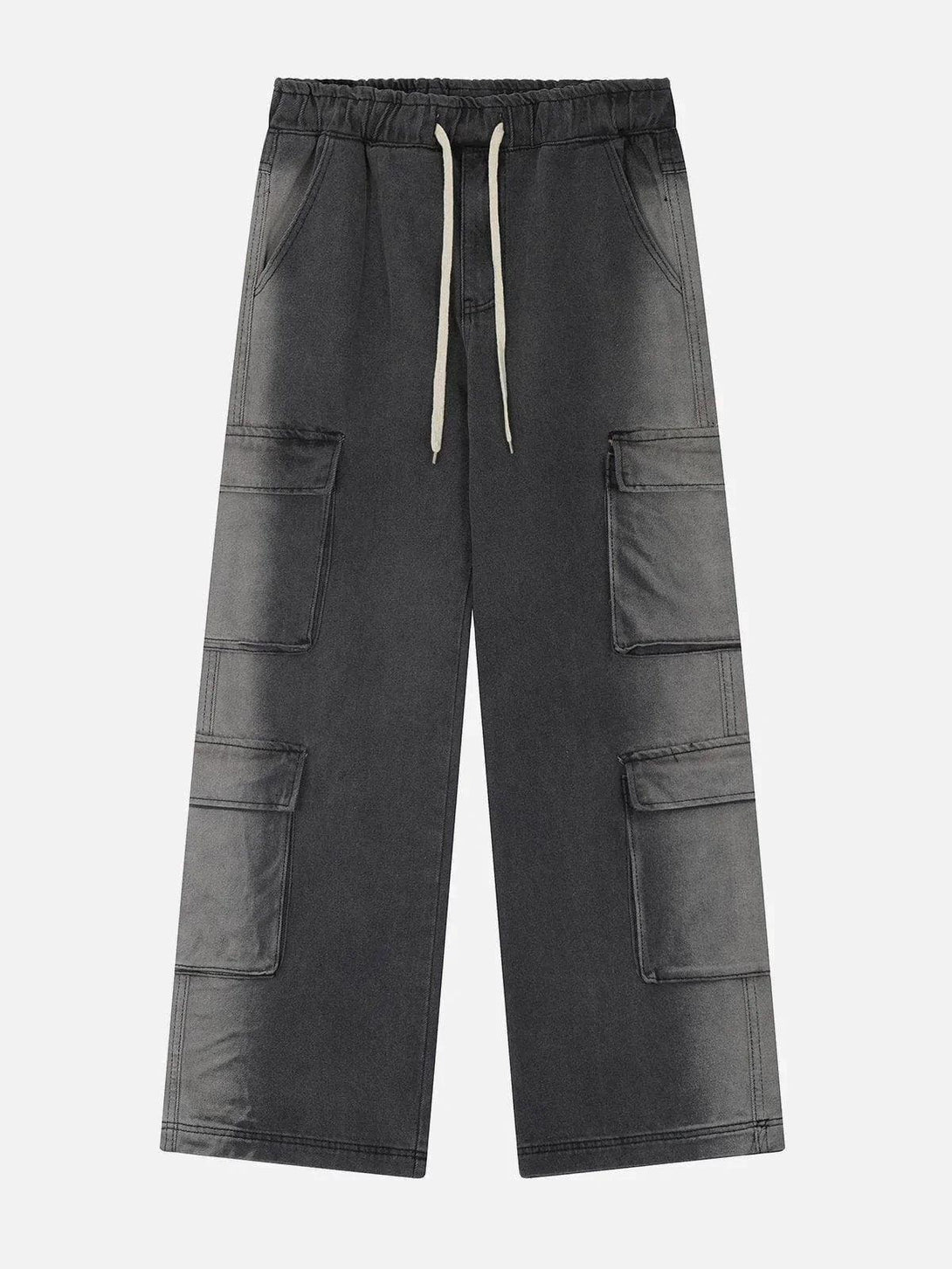 Front view of black multi-pocket jeans by TALISHKO, featuring a relaxed fit and drawstring waist.