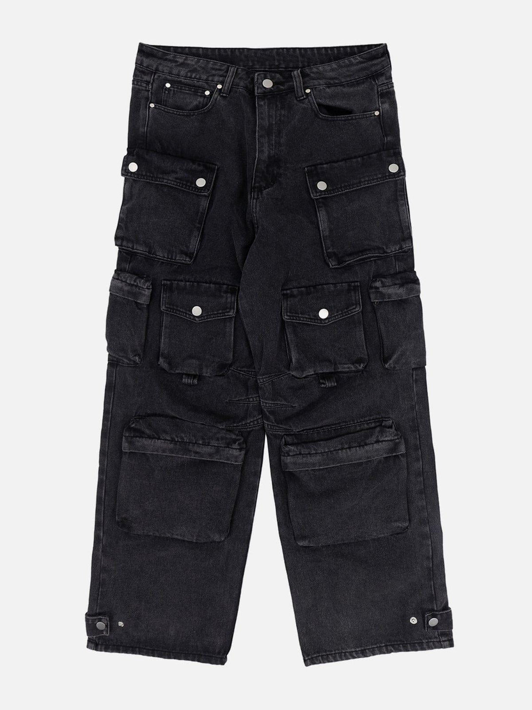Front view of black wide-leg jeans with multiple pockets by TALISHKO, perfect for urban style.