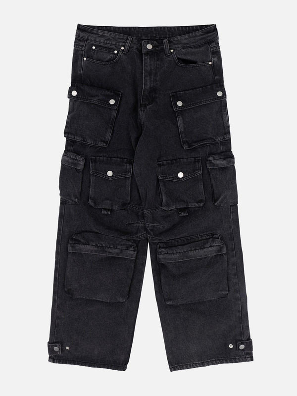 Front view of black wide-leg jeans with multiple pockets by TALISHKO, perfect for urban style.