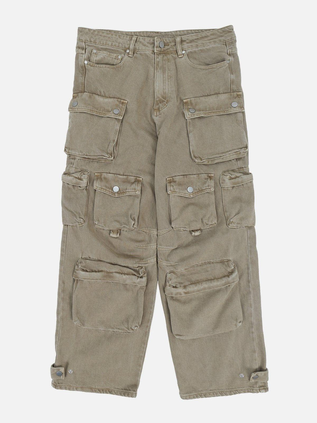 Front view of khaki wide-leg jeans with multiple pockets, designed by TALISHKO for urban flair.