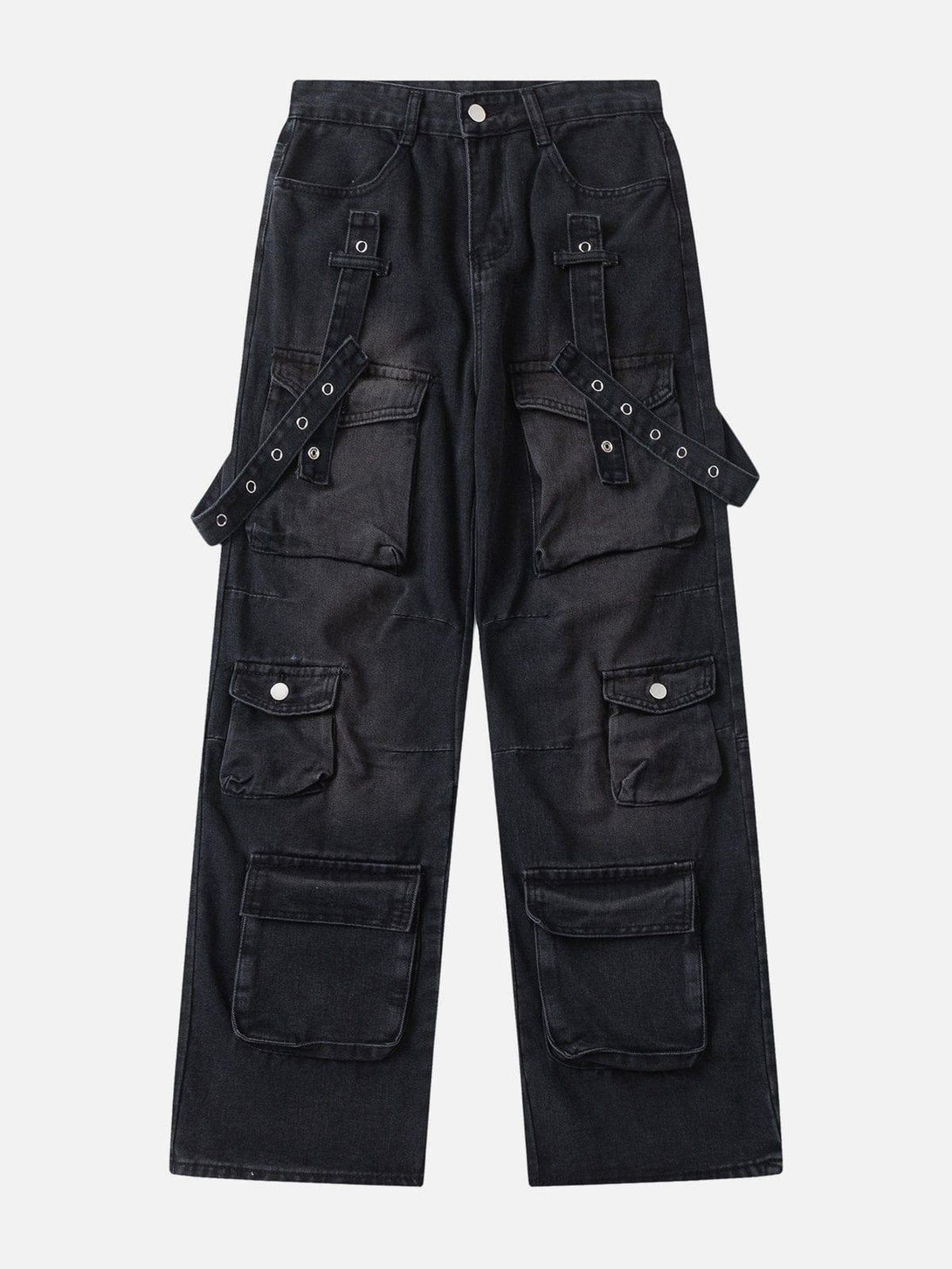 Front view of black multi-pocket workwear jeans by TALISHKO, featuring stylish strap details.