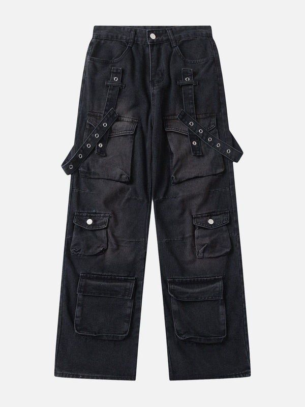 Front view of black multi-pocket workwear jeans by TALISHKO, featuring stylish strap details.