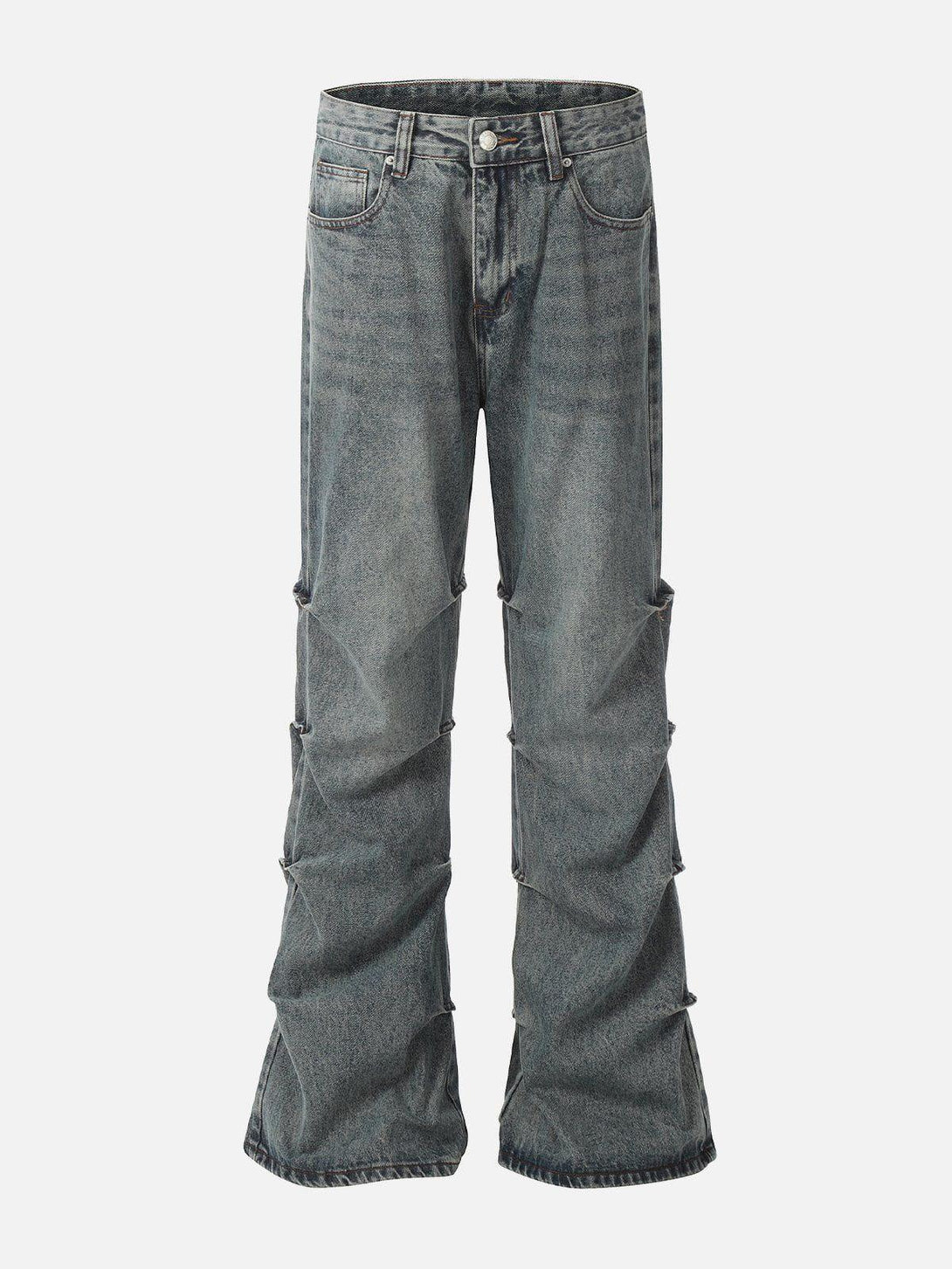 Front view of blue wrinkle-washed jeans by TALISHKO, showcasing a unique street-inspired style.