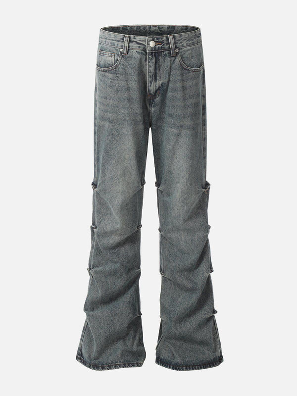 Front view of blue wrinkle-washed jeans by TALISHKO, showcasing a unique street-inspired style.