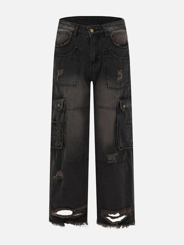 Front view of black ripped jeans with multiple pockets, perfect for edgy style by TALISHKO.