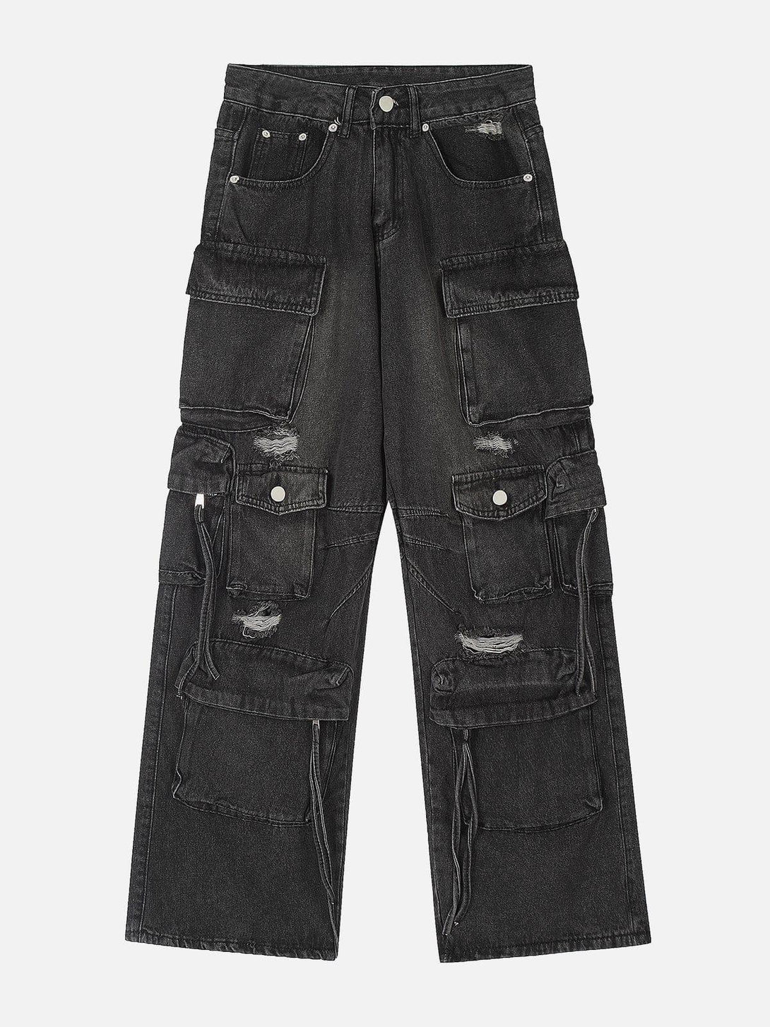 Front view of black washable jeans by TALISHKO with multiple pockets and distressed details.