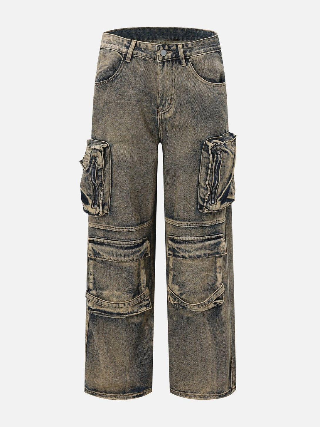 Front view of gray washed jeans with multiple pockets, crafted by TALISHKO for urban style.
