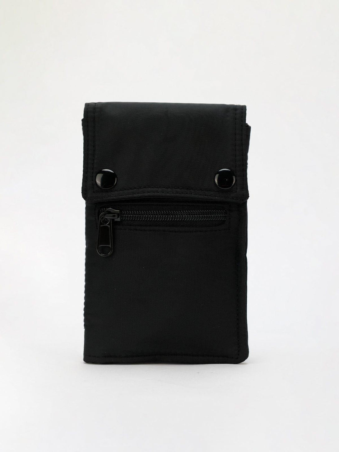 Front view of a black TALISHKO crossbody bag featuring a zipper pocket and button accents.