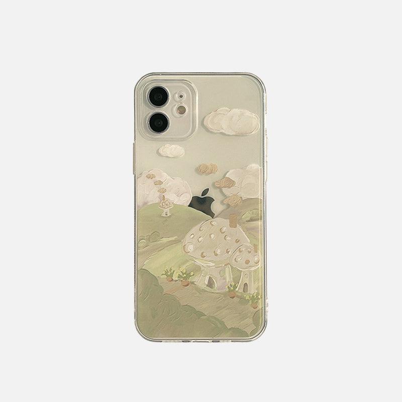 Charming mushroom landscape design on a clear iPhone case by TALISHKO, front view.