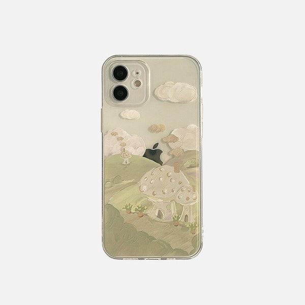Charming mushroom landscape design on a clear iPhone case by TALISHKO, front view.