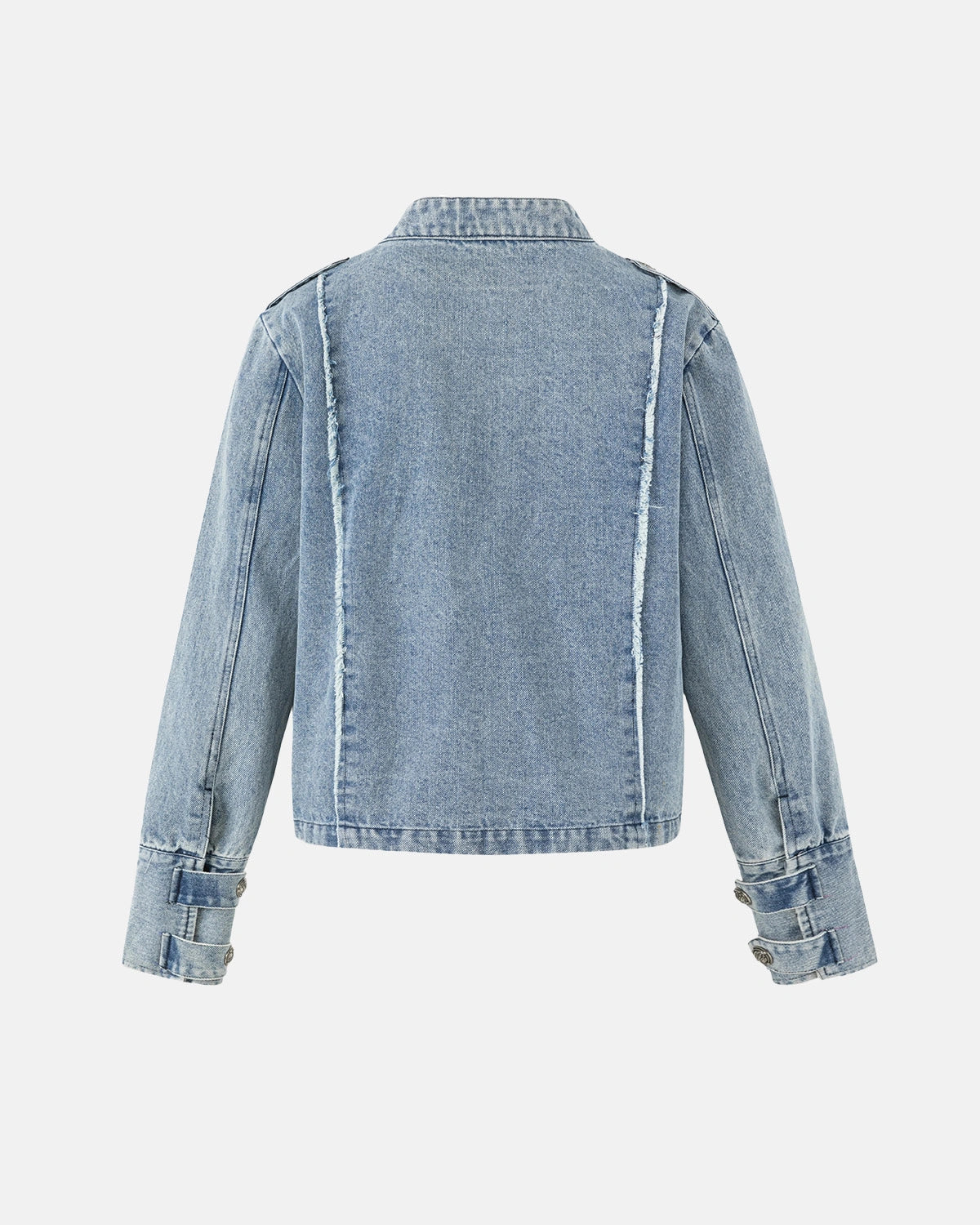 Cropped Denim Jacket, Epaulet Stand Collar | TALISHKO