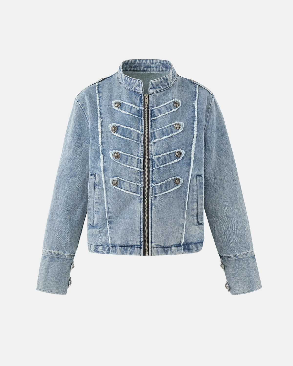 Cropped Denim Jacket, Epaulet Stand Collar | TALISHKO