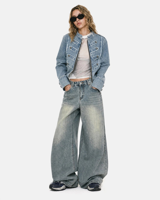 Cropped Denim Jacket, Epaulet Stand Collar | TALISHKO