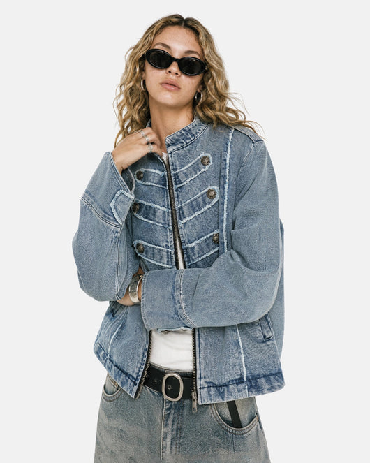 Cropped Denim Jacket, Epaulet Stand Collar | TALISHKO