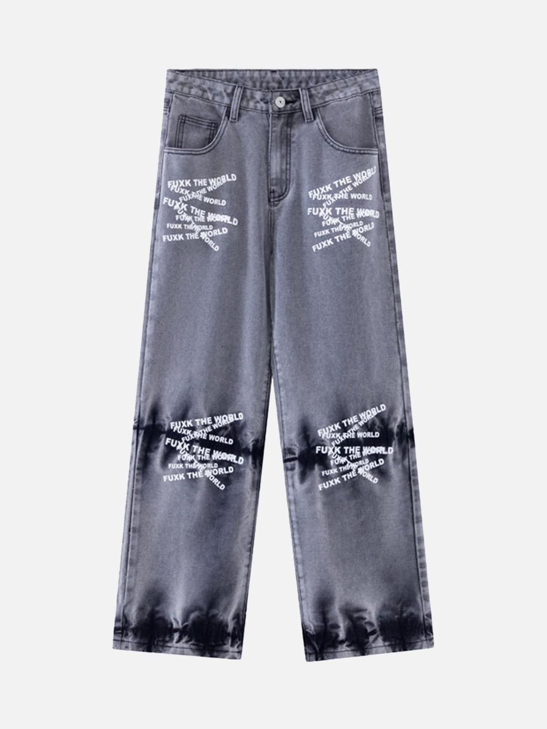 Front view of TALISHKO black tie-dye jeans with bold letter embroidery, capturing urban style.