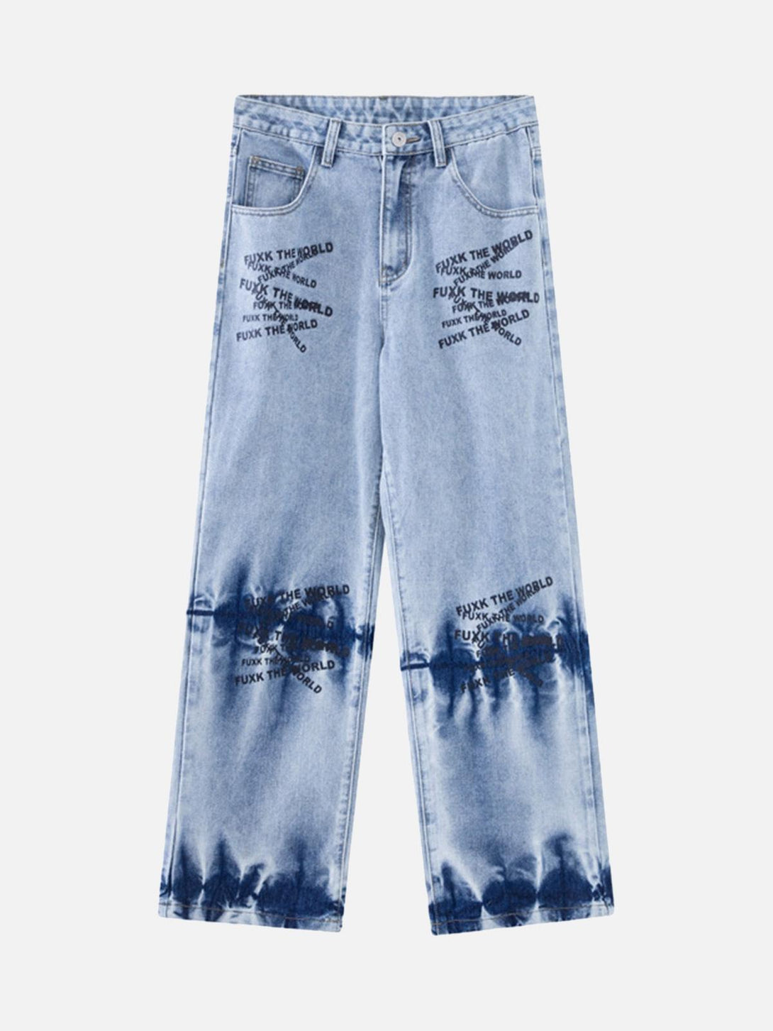 Front view of TALISHKO blue tie-dye jeans with unique letter embroidery, showcasing edgy style.